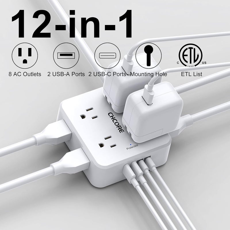 Core 10Ft Surge Protector Power Strip - Flat Plug Extension Cord with 8 Outlets and 4 USB Ports(2 USB C), 3 Side Wall Mount Outlet Extender for Home Dorm Room Essentials, ETL Listed, White - Image 2
